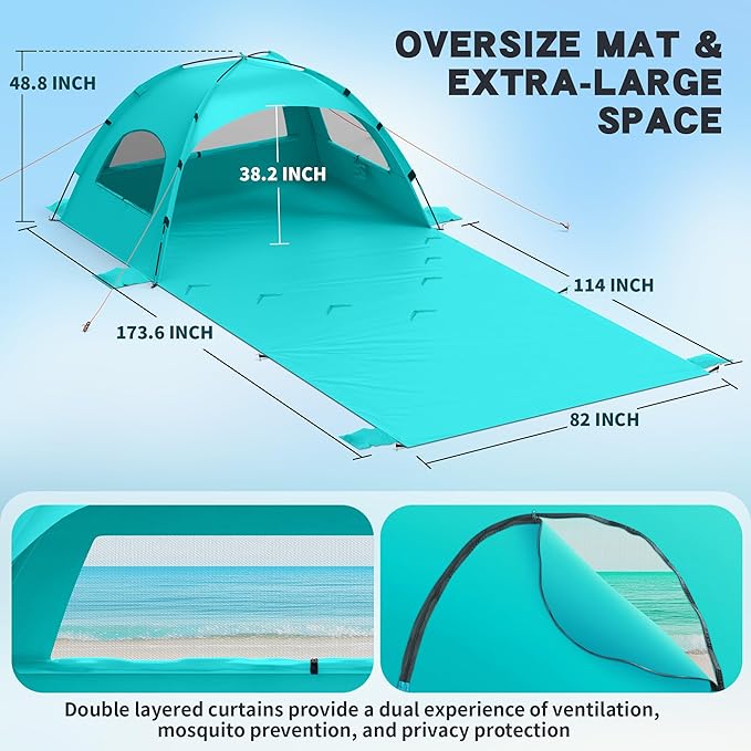 Beach Tent Sun Shelter with Extended Sand Mat 114×82inchUPF 50+ Protection 3 Double-Layer Windows for Enhanced Privacy Portable Beach Shade 3-4 People. Windproof and Waterproof