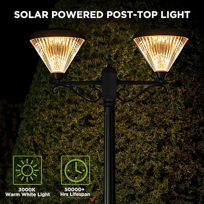 TIERONE 7.5FT LED Post Solar Light Dusk to Dawn Landscape Pathway Dual-Head Pole Light IP65 Waterproof 3000K Warm White Outdoor Street Lights for Lawn Patio Yard Pathway Garden