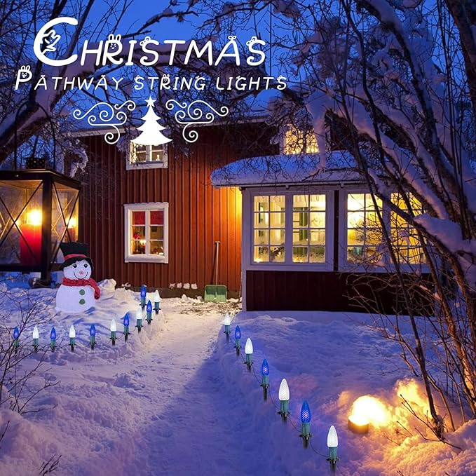 Christmas Pathway Lights Outdoor 2 Pack 26 Ft 20 LED C9 Strawberry String Lights with Stakes Connectable Waterproof Outside Christmas Lights Marker for Path Lane Patio Decor Blue &amp Pure White