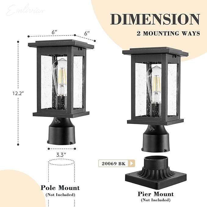 Emliviar Dusk to Dawn Post Light Outdoor 1-Light Exterior Pole Lamp for Porch Outside Pillar Lantern with Photocell Sensor Black Finish with Seeded Glass 1803EW1-P PC