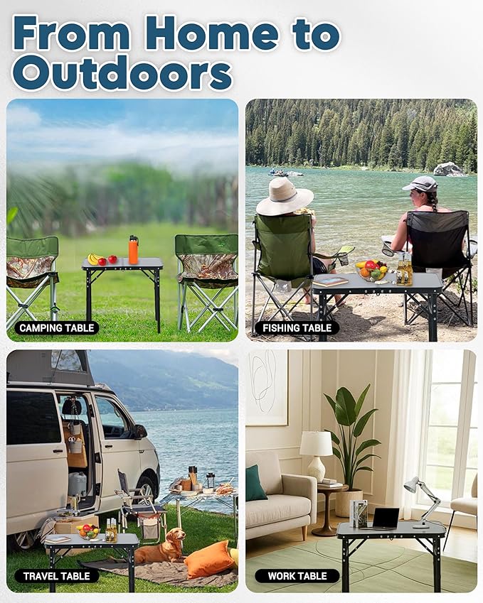 LOFTEY Small Folding Camping Table 2ft Aluminum Portable Folding Table 3 Adjustable Heights | Portable Handle | Lightweight for Travel &amp Outdoor 23.6 x 15.7 x 27.5H Black