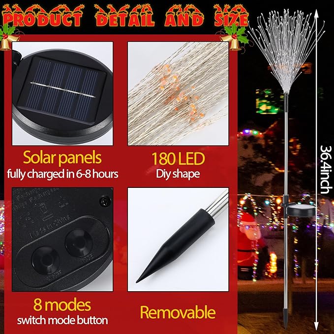 6 Pcs Solar Firework Stake Lights 180 LED 8 Modes Solar Waterproof LED Sparkler Lights Outdoor Decoration for Wedding Mother's Day Garden Patio Yard Pathway Walkway Lawn (Red White)