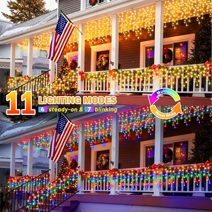 KNONEW Christmas Lights Outdoor Color Changing 400 LED 33ft 11 Modes Curtain Fairy String Light with 75 Drops Clear Wire LED Lights for Wedding Party Holiday Christmas (Warm White to Multicolor)