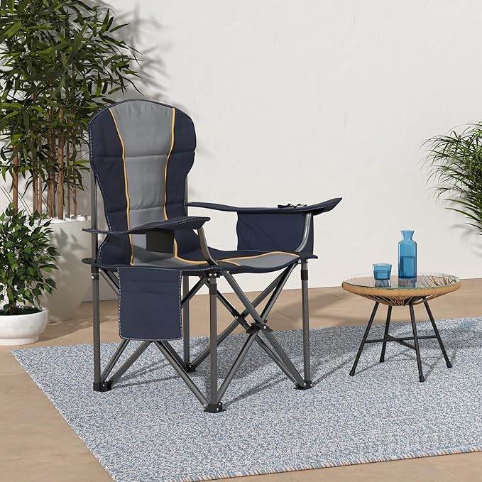 HIGH POINT SPORTS Oversized Portable Folding Camping Chair Blue 450 LBS Support Sports Lawn Chair with Cup Holder and Cooler Bag