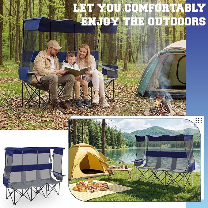 3 Person Camping Chair with Canopy Shade Oversized Folding Beach Couch Style Camping Sofa Portable Outdoor Lawn Seat Tailgate Chair with Umbrella for Beach Sport Sideline Backyard Festival
