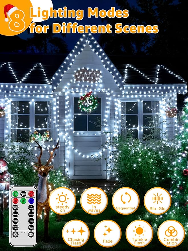 600 LED 196 FT Christmas Lights Waterproof String Lights with Remote and Timer Christmas Tree Lights with 8 Modes Dimmable Fairy Lights for Holiday Decor (Cool White)