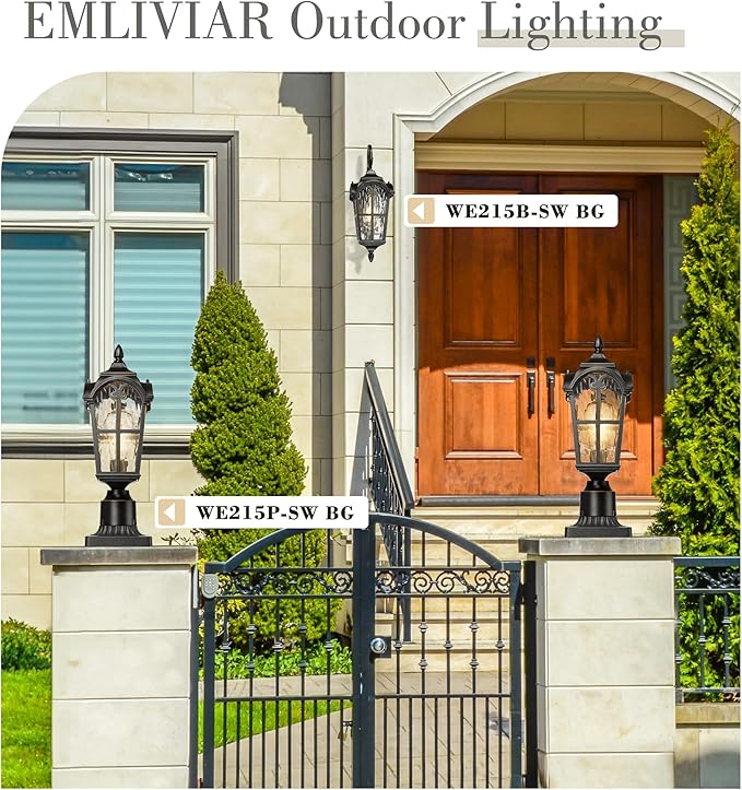 Emliviar Vintage Outdoor Lighting Fixture Wall Sconces with Water Ripple Glass 17.5 Front Porch Wall Lantern Black Finish with Gold Edges WE215B-SW BG