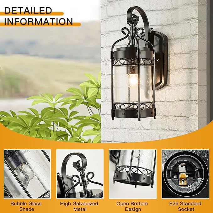 Dusk to Dawn Sensor Outdoor Wall Sconce14.96 H Vintage Exterior Light Fixture with IP65 WaterproofClassical European Style Porch Light with Bubble Glass for Garage Yards Patio