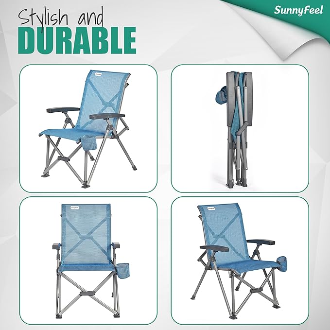 SUNNYFEEL Folding Camping Chair Heavy Duty Ergonomic Chairs Support 500lbs with Adjustable Breathable High Back Support and Cup Holder Aluminum Frame for Fishing Camp Beach Lawn RV Patio