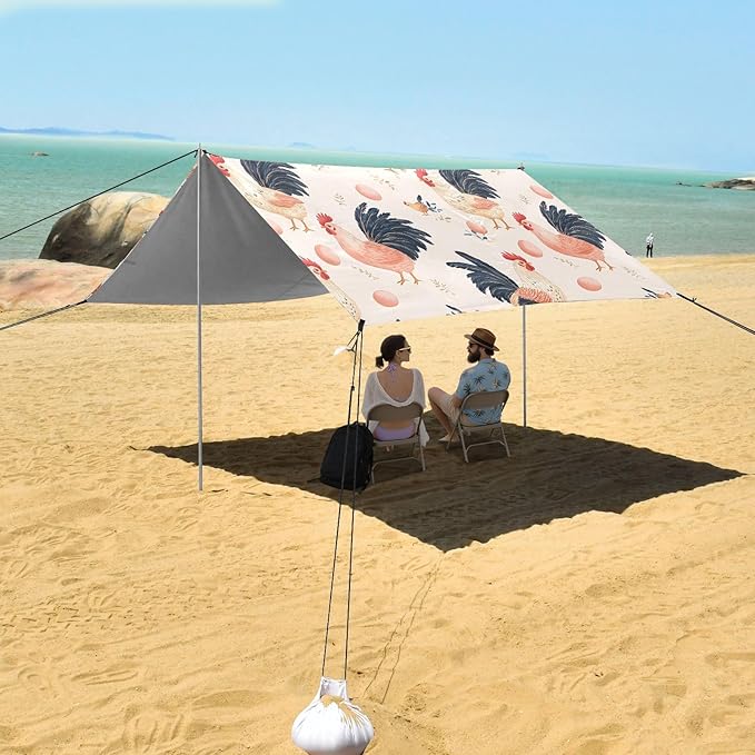 Rooster Eggs Pattern Camping Sun Shelter Beach Tent Portable Beach Sun Shade Outdoor Canopy for Camping Trips Fishing Picnic