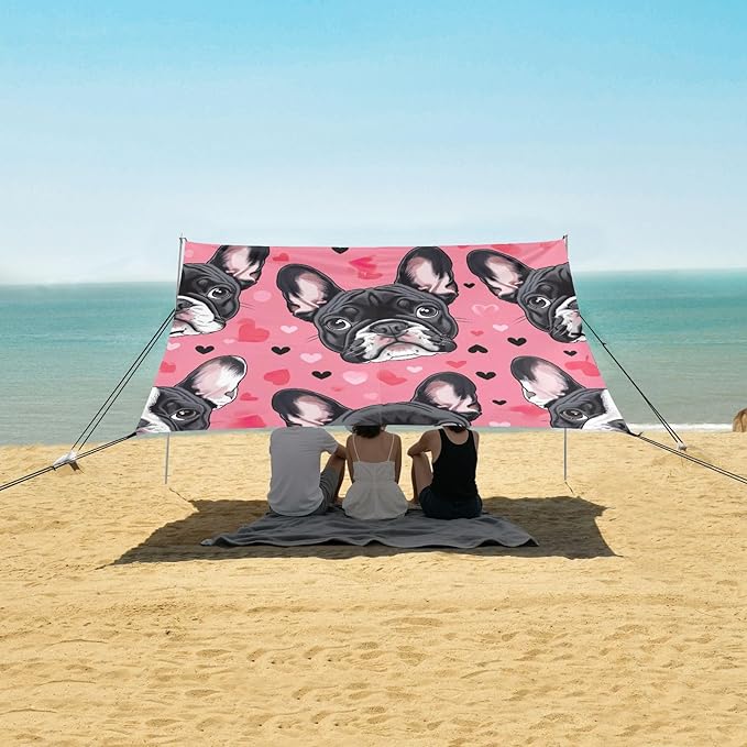 Cute French Bulldog Beach Tent Sun Shelter 9.2' x 10.5' Beach Canopy with 4 Sandbags 4 Stability Poles Sand Shovels - Tent Canopy for Beach Camping Fishing Picnics