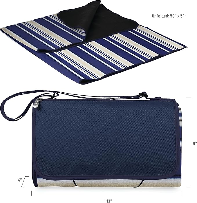 PICNIC TIME Outdoor Picnic Blanket Tote 59x51 Foldable Beach &amp Camping Blanket with Soft Fleece Water-Resistant Bottom Adjustable Strap &amp Zippered Pocket (Blue Stripe Navy Flap)