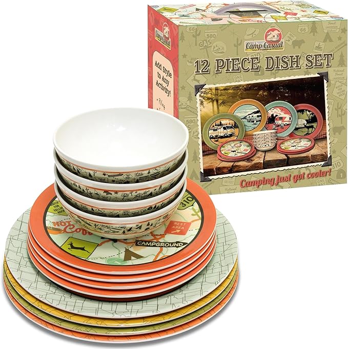 Melamine Plates &amp Bowls Set - 12-Piece Dish Set for Indoor &amp Outdoor Dining - BPA Free Top Shelf Dishwasher Suitable Dinnerware Set - Sturdy Melamine Dinnerware Sets - Camping Dishes by Camp