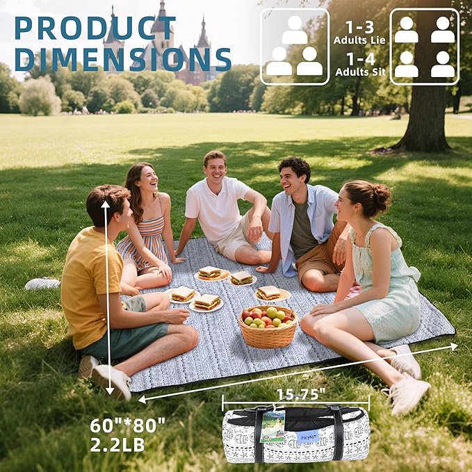60x80” Double Thickened Picnic Blankets(150g High Density Cotton Stuffed) White Fish Pattern Outdoor Picnic Mat Portable Picnic Blanket Foldable with Leather Carry Strap Beach Blanket
