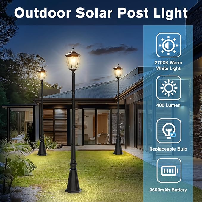 90'' H Solar Post Lights 2700K Solar Lamp Post Light Waterproof Dusk to Dawn Pole Lights Outdoor lamp Posts Lighting for Garden Patio Yard Pathway Gate Remote Control Black(Warm White)