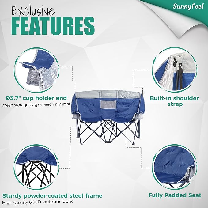 SUNNYFEEL Folding Double Camping Chair Oversized Loveseat Chair Heavy Duty Portable/Foldable Lawn Chair with Storage for Outside/Outdoor/Travel/Picnic Fold Up Camp Chairs for Adults 2 People