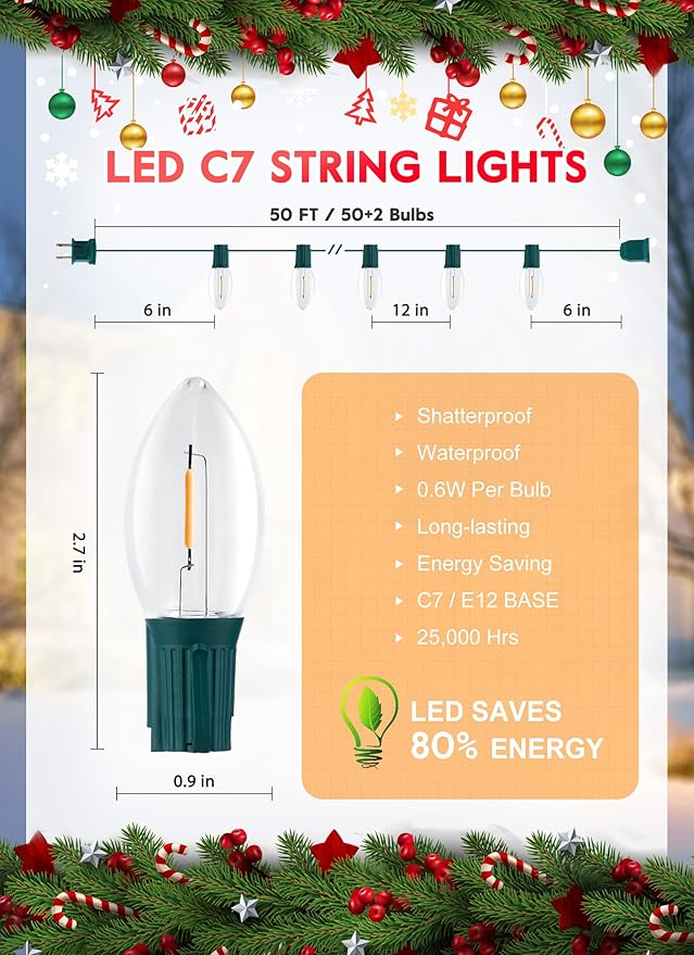 Brightown 50FT C7 Clear LED Christmas String Lights Outdoor Connectable with 50+2 Bulbs(2 Spare) 0.6W Bulbs Vintage Hanging Lights for Xmas Holiday Party Patio Roofline House Decor
