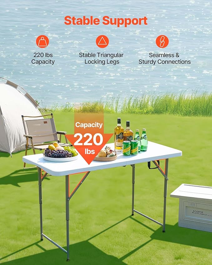 VEVOR Folding Table Heavy Duty Portable Fold-in-Half Utility Table Indoor Outdoor Plastic Rectangle Table with Built in Handle for Party Dining Wedding Events Picnic Camping 4 ft White