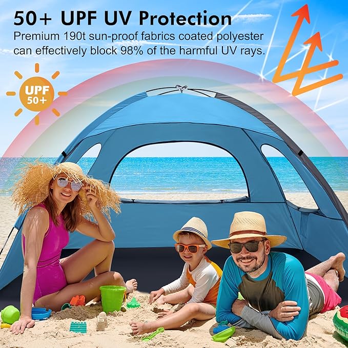 WhiteFang Beach Tent Anti-UV Portable Sun Shade Shelter for 3 Person Extendable Floor with 3 Ventilating Mesh Windows Plus Carrying Bag Stakes and Guy Lines (Blue)