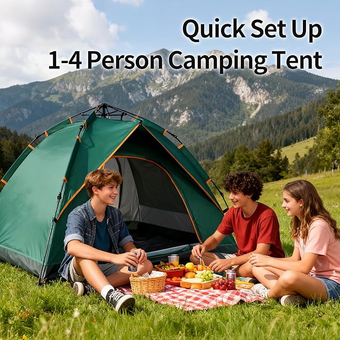 Quick Set Up Waterproof 4-Person Camping Tent with Bug Netting - Instant Pop-Up Tent for Family Camping &amp Hiking | All-Weather 4-Season Outdoor Shelter