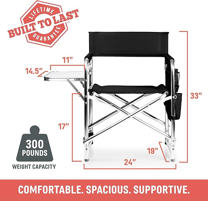 PICNIC TIME Sports Chair with Side Table and Armrest Caddy Lightweight Aluminum Folding Outdoor Camping Chair for Adults Portable Director Style Lawn Seating with Pockets &amp Carry Strap (Navy Bl
