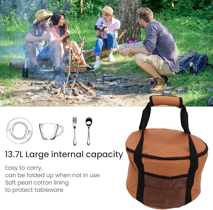 Camping Tableware Carrying Bag 13.7L Large Capacity Waterproof Picnic Flatware Storage Bag Outdoor BBQ Round Storage Bag for Plates Dishes Pots Bowls Utensils
