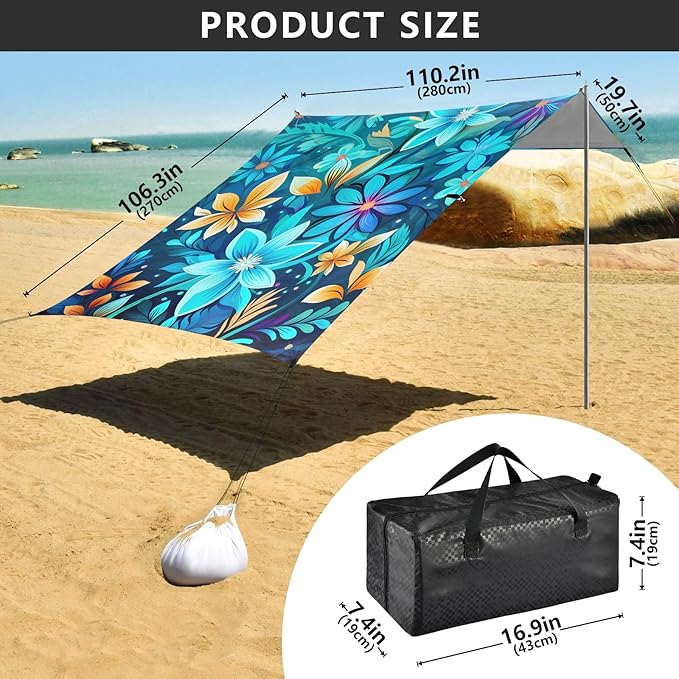 Camping Sun Shelters Blue and Tan Flower Pattern Beach Canopy 126 * 110.2in
