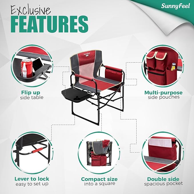 SUNNYFEEL Camping Directors Chair Heavy DutyOversized Portable Folding Chair with Side Table Pocket for Beach FishingTripPicnicLawnConcert Outdoor Foldable Camp Chairs