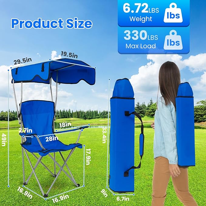 Camping Chair with CanopyOutdoor Folding Chair with Adjustable Shade &amp Cup Holder Heavy Duty Beach Chair for Adult Portable Camping Recliner Support 331 LBS