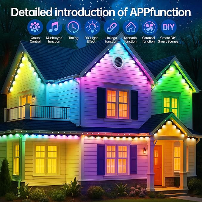 Permanent Outdoor Lights 350ft RGB+IC Outdoor String Lights App Control IP67 Waterproof120 Scene Modes Decorations for Home Christmas LightsHalloweenHoliday DailyBirthdayParty( 175ft*2pack)