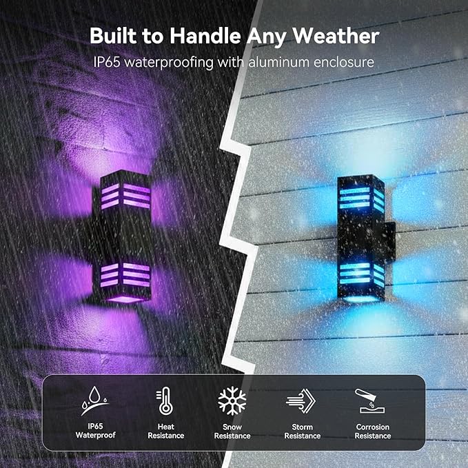 Outdoor Wall Lights 4 Pack RGBCW Smart Porch Lights with Various Scene Modes Waterproof Dimmable Up and Down Lights Outdoor DIY Lighting Effects Compatible with Alexa Google Assistant