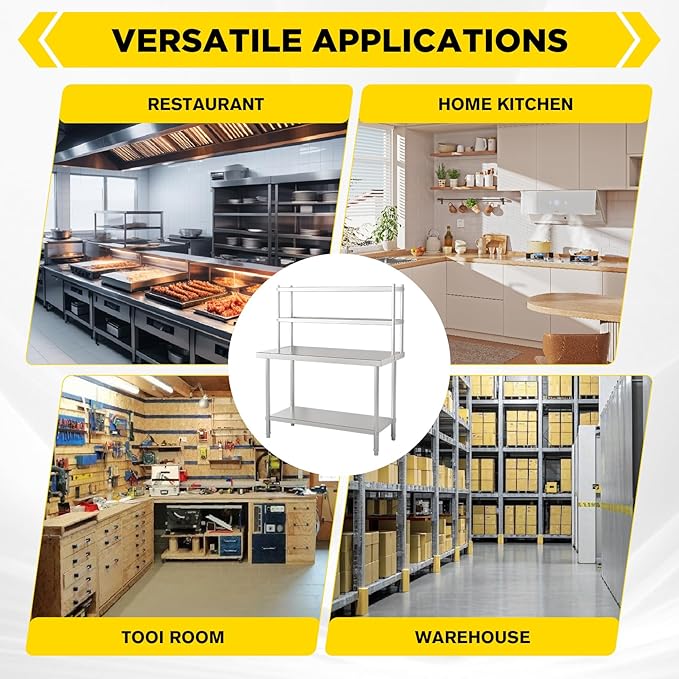 2-Tier Stainless Steel Work Table with Overshelves 47.2 W x 23.6 D x 31.5 H Heavy Duty Commercial Kitchen Prep Table for Restaurant Home Garage Warehouse