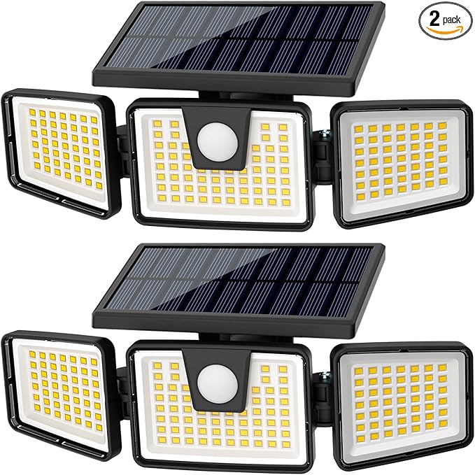 AmeriTop Solar Lights Outdoor 2 Pack LED High Brightness Cordless Solar Motion Sensor Lights 3 Adjustable Heads 270° Wide Angle Illumination IP65 Waterproof Security LED Wall Light(Daylight)