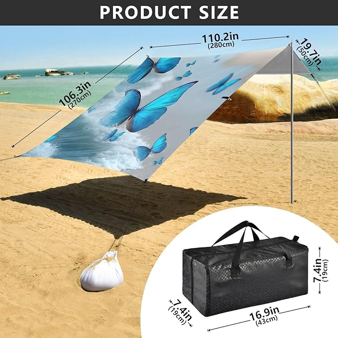 Bolaz Beach Canopy Tent Sun Shade9'×10.5' Large Family Beach Shade UPF50+- Outdoor Shade for Camping Trips FishingBlue Butterflies Beach