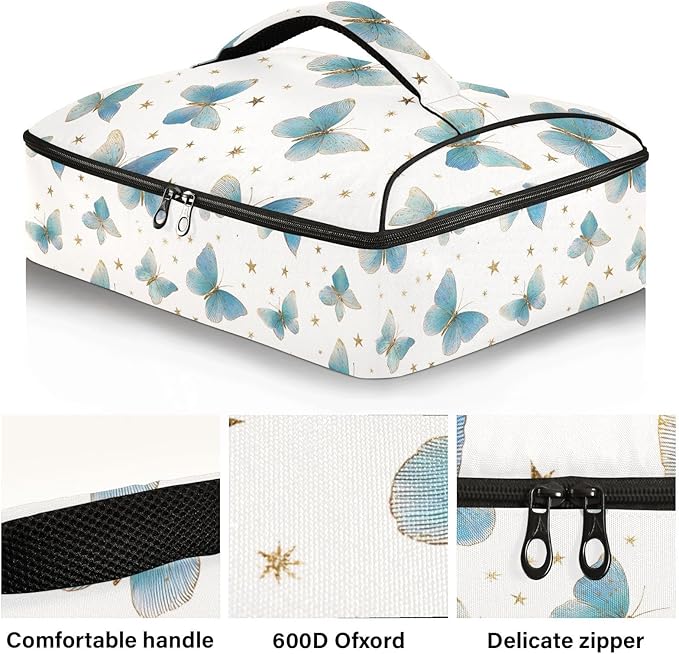 Casserole Carrier Beautiful Pattern Green ButterfliesInsulated Casserole Carrier for Hot or Cold Food Thermal Lunch Tote for Potluck Parties Picnic Beach Fits 9 x 13 Inches Baking Dish