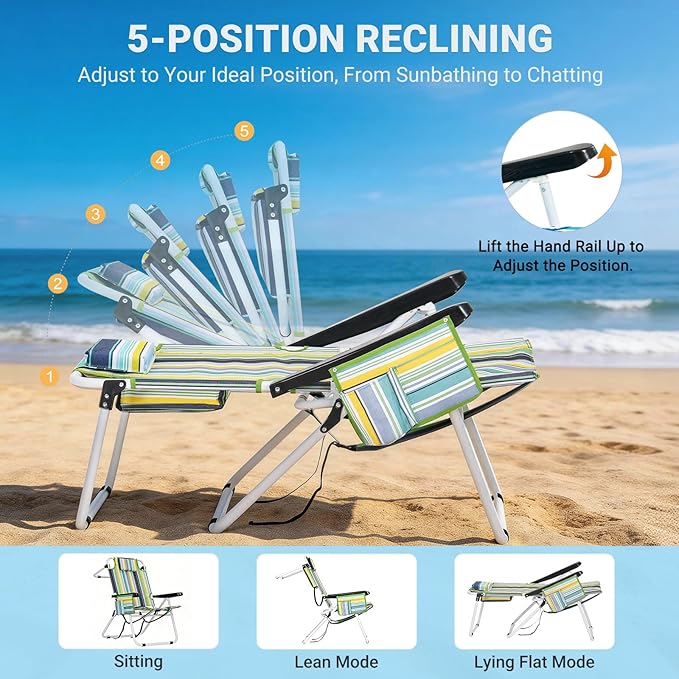 Tall Beach Chair for Adults 17 High Backpack Beach Chair with ArmrestReclining Portable 5 Position Lay Flat Lightweight Folding Camping Chairs w/Large Cooler PouchSupport to 350LBSGreen