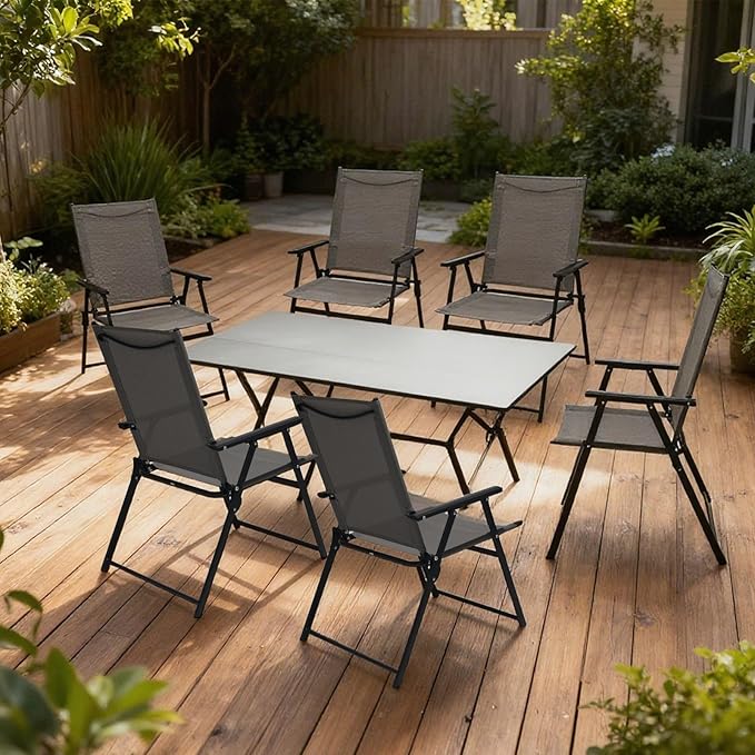 SHGJ&ampSOFT Set of 6 Folding Patio Chairs Outdoor Chair with Armrests for Lawn Garden Pool Beach Yard Lounge Metal Frame No Assembly Camping Chairs (Grey 6pc)