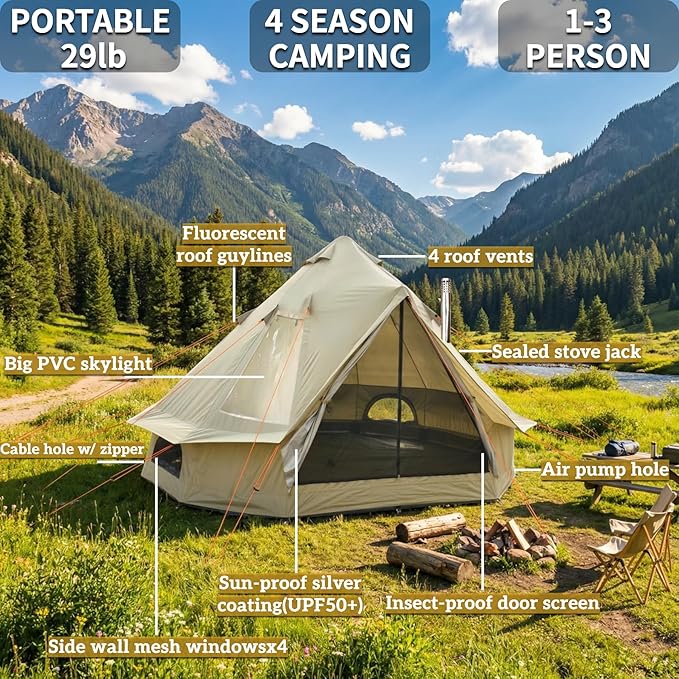 DANCHEL OUTDOOR B2I Inflatable Camping Tent 9.8ft No Center Pole Lightweight Blow Up Bell Tent with Stove Jack Skylight Pump Waterproof 300D Oxford Glamping Yurt for 1-3 Person Family