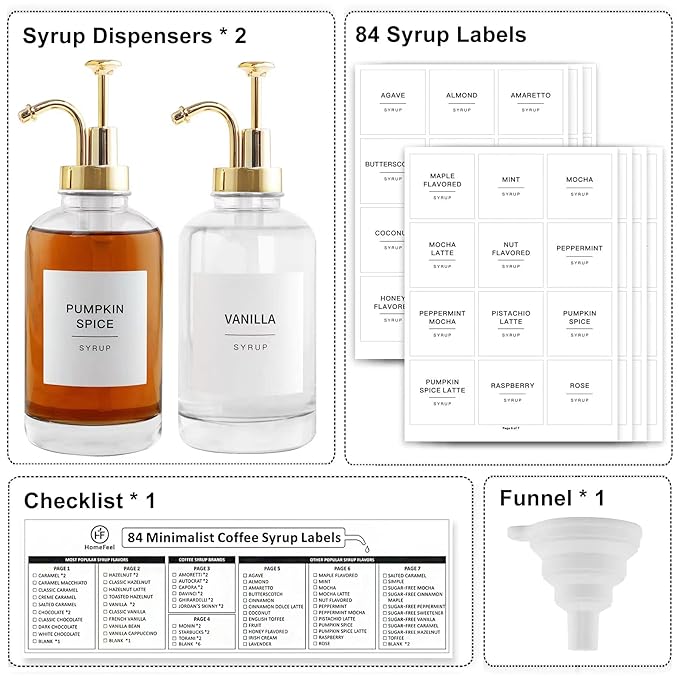 Coffee Bar Accessories - Glass Coffee Syrup Dispenser with 84 Syrup Labels (Set of 2) Fancy Pump Dispenser 16.9 oz Gold