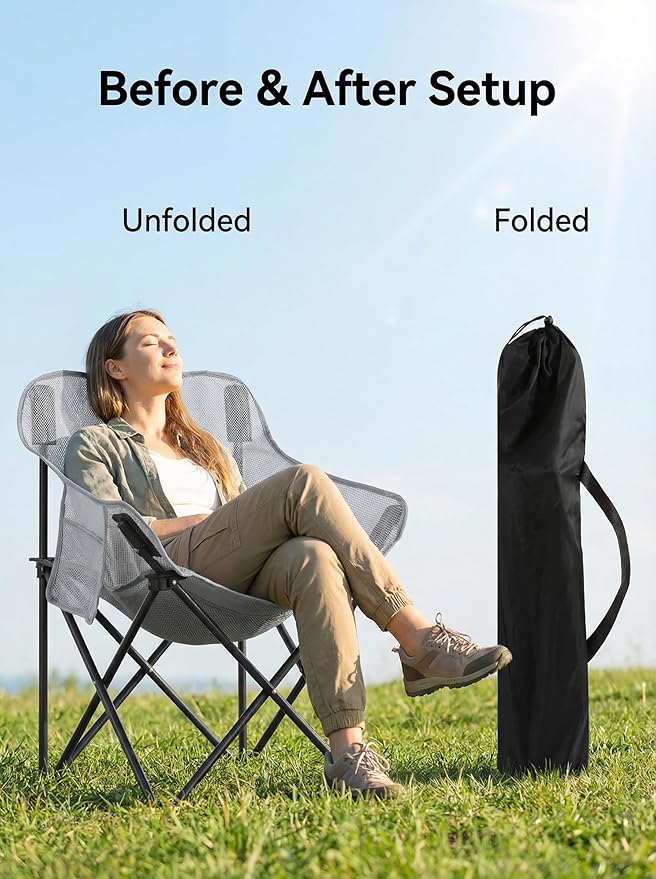 Breathable Outdoor Folding Chair Portable Ultra-Light Fishing Stool Beach Camping Moon Chair Armchair Art Sketch Chair (Mesh Silver Sand ash)