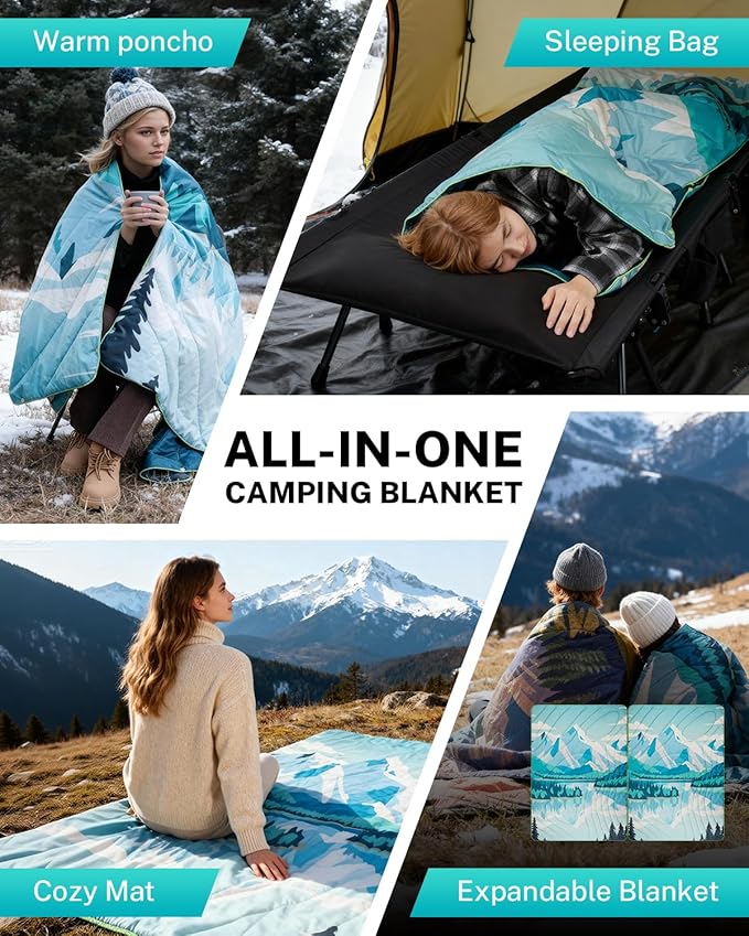 Gonex Camping Blanket with Aero-Warmth Tech Layer Puffy Printed Packable Blanket Ultralight &amp Warm Wearable Water-Resistant Quilt for Outdoor Camping Hiking Travel Picnics 79 X 55 (Iceberg)