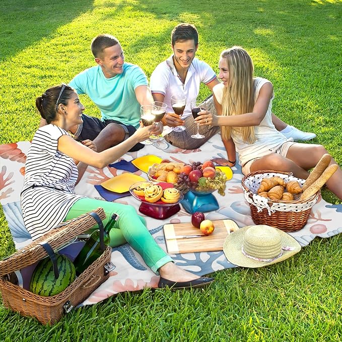 Waterproof Sandproof Beach Blanket 59''×68'' Blue &amp Orange Polyester Outdoor Picnic Blanket with 4 Stakes &amp Storage Bag for BeachCampingVacation Ocean Shell