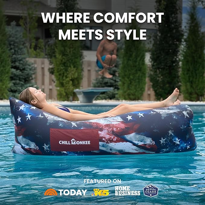 Portable Inflatable Lounger for Beach &amp Camping – Self-Inflating Air Couch Beach Sofa and Outdoor Lounge Chair for Relaxation and Comfort (American Flag)