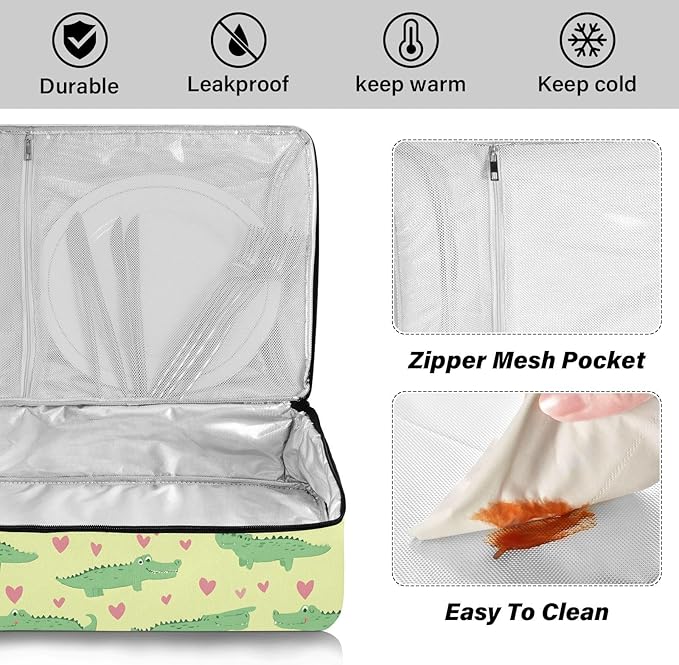 Casserole Carrier Adorable Pattern Cute CrocodilesInsulated Casserole Carrier for Hot or Cold Food Thermal Lunch Tote for Potluck Parties Picnic Beach Fits 9 x 13 Inches Baking Dish