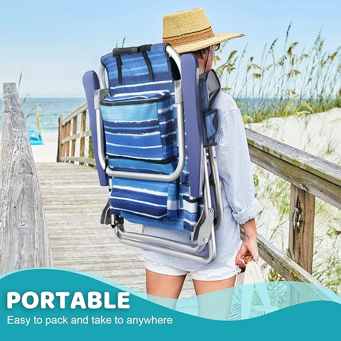 LEMBERI Backpack Beach Chairs for Adults1/2 Pack Folding Heavy Duty Camping Chair with Large Pockets and Cup HolderAdjustable high Beach Lounge Chairs with Towel Rack for OutdoorTravel (2 Blue)