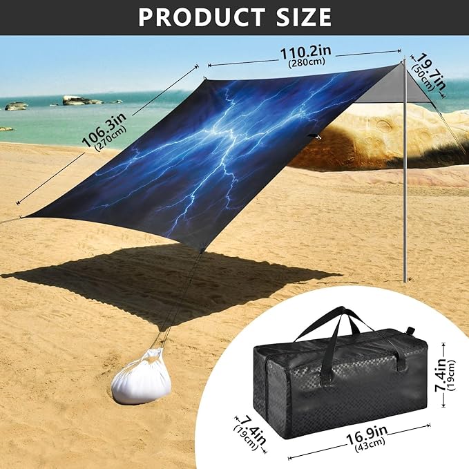 Blue Lightning Black Beach Tent Sun Shelter 9.2' x 10.5' Beach Canopy with 4 Sandbags 4 Stability Poles Sand Shovels - Tent Canopy for Beach Camping Fishing Picnics