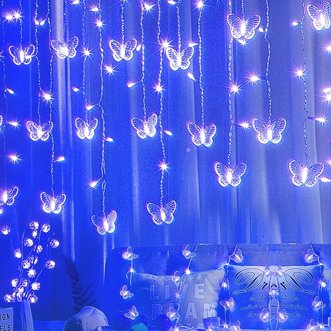 Blue Butterfly Curtain Fairy Lights USB Plug in120 LED 8 Modes 20FT Firefly Twinkle Icicle String Lights with Remote Timer Waterproof for Bedroom Christmas Wedding Party Dorm Decor