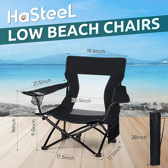 HaSteeL Folding Beach Chair Set of 2 Foldable Black Camping Chairs for Outside Low Beach Chair Portable for Adults Fishing Picnic Outdoor BBQ Travel Sports Cup Holder &amp Storage Bag