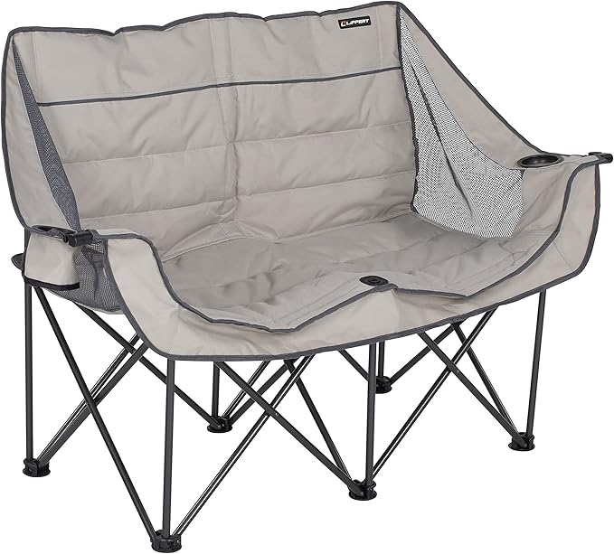 Lippert Campfire Folding Loveseat with 500-lb. Weight Capacity Carry Bag Durable Mesh Fabrics High-Loft Cushioning Storage Pocket Dual Cupholders Stemmed Wine Glass Holder (Sand) - 2021000205