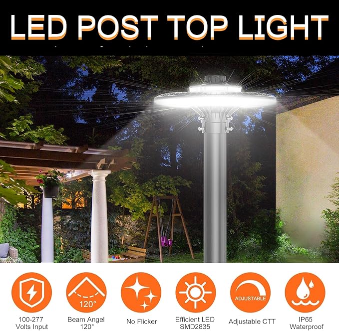 200W LED Post Top Light with Dusk to Dawn Photocell 28000 lumens 5000K Circular Area Pole Lights IP65 Waterproof Outdoor Post Light for Garden Pathway Yard Street Lighting UL Listed AC100-277V